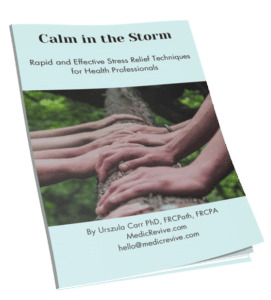 Cover of the book "Calm in the Storm" by Dr Urszula Carr, featuring stress relief techniques for health professionals.